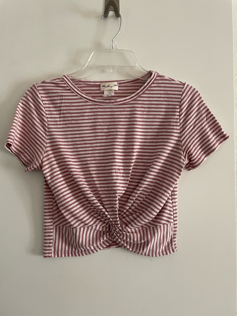 GAZE T Shirt Crew Neck Short Sleeve Striped Cropped Knot Waist Mauve Pink/White